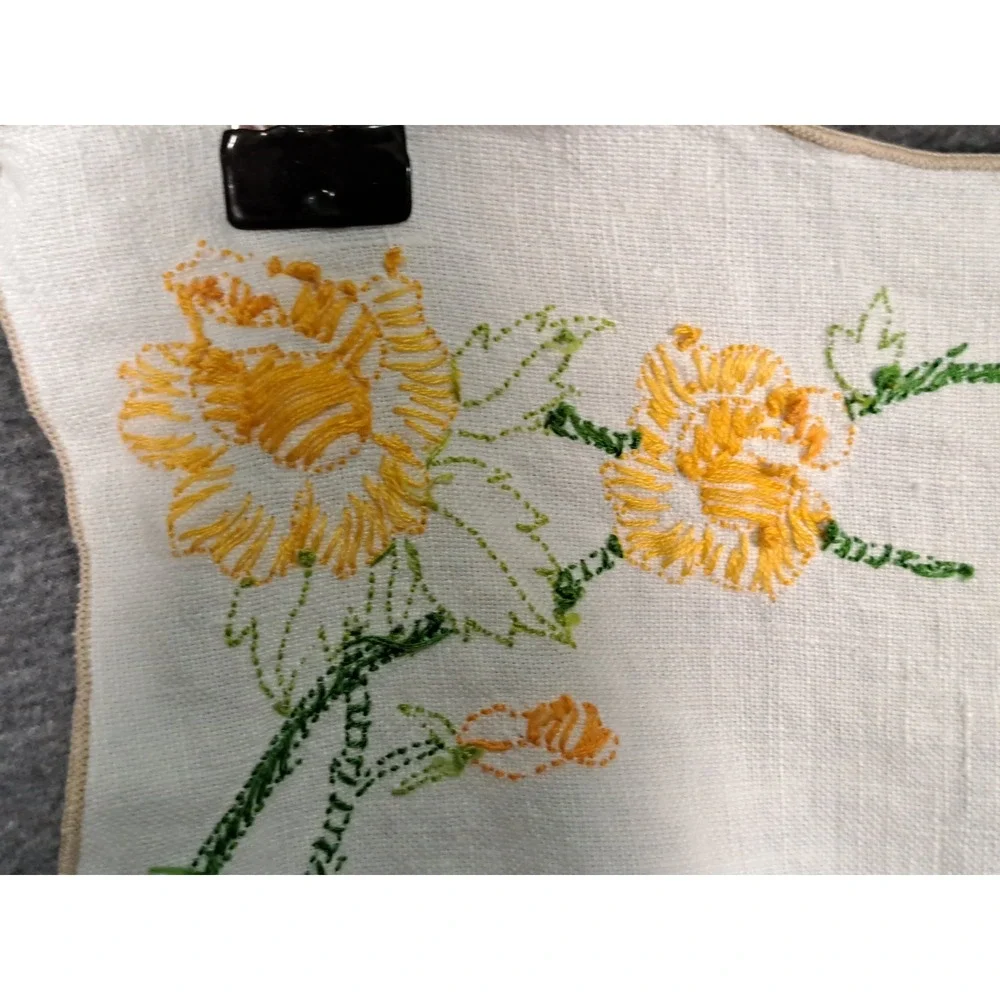 Vintage Hand Embroidered Linen Napkin Yellow Floral Scalloped Edge 12.5x9.5